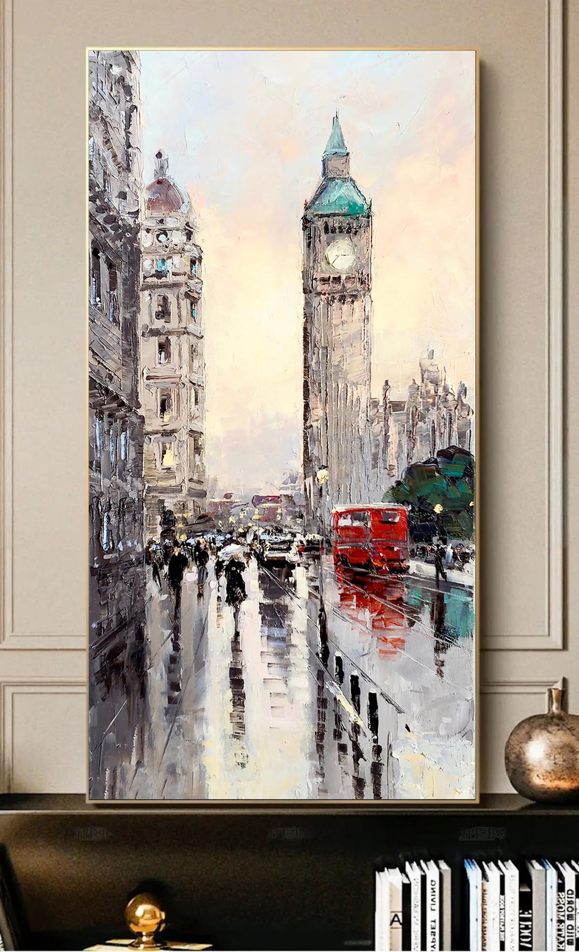 a painting of a city with a clock tower