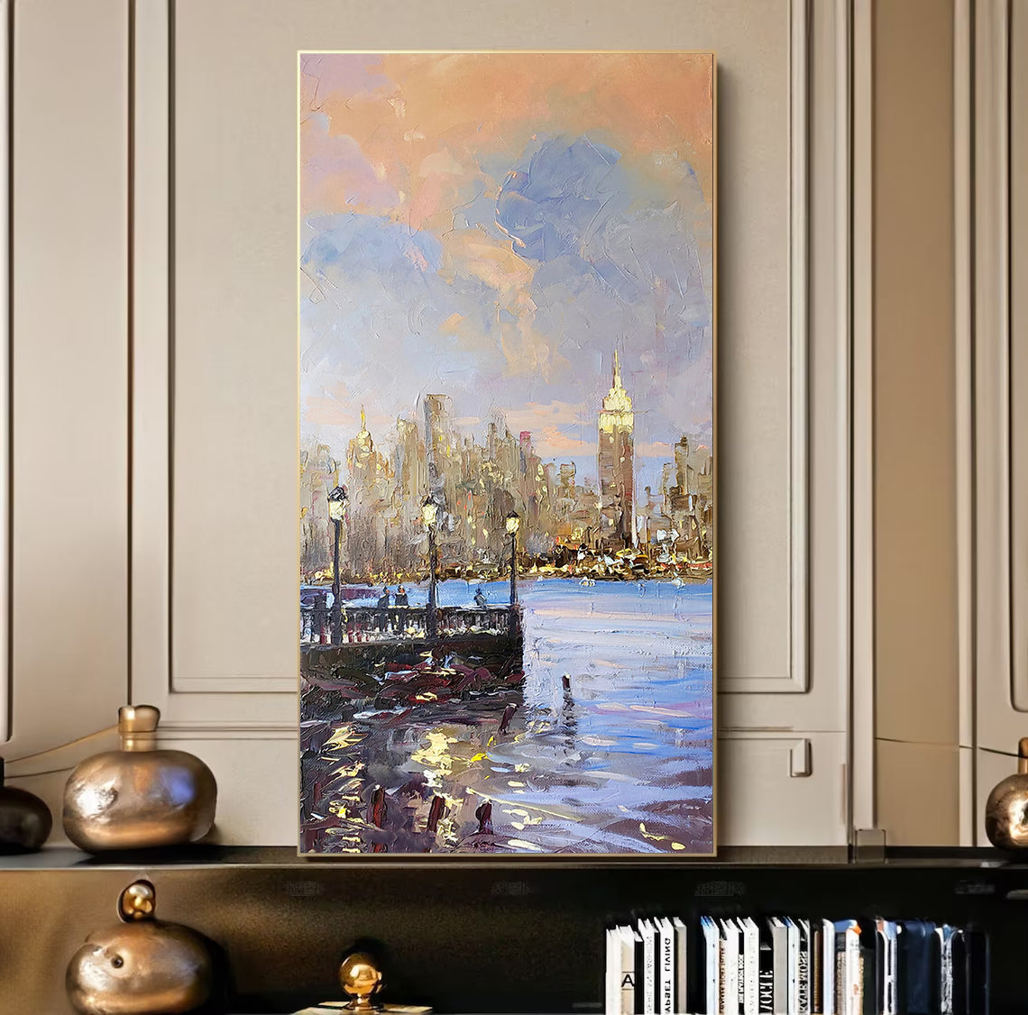 a painting of a city skyline on a wall