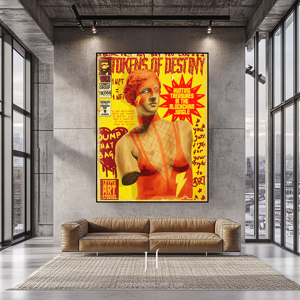 a living room with a couch and a painting on the wall
