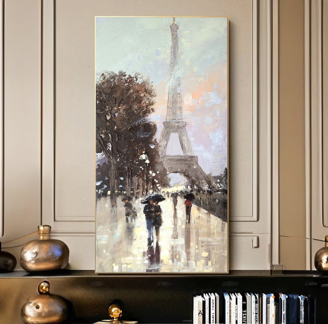 a painting of people walking in the rain in front of the eiffel tower