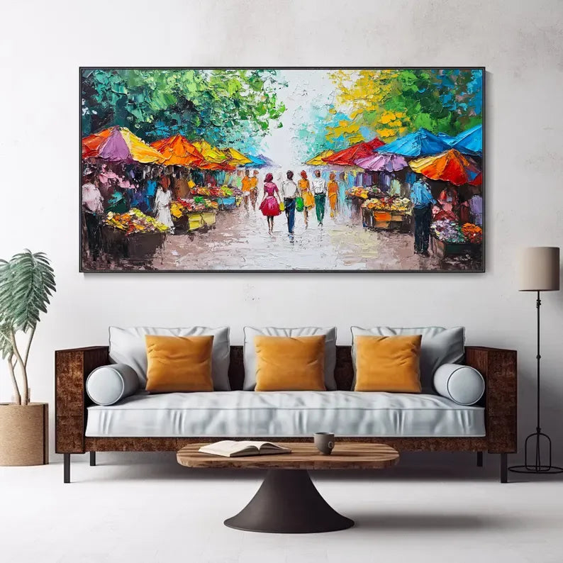 a lively street scene with people walking under colorful umbrellas, surrounded by various market stalls and vendors.