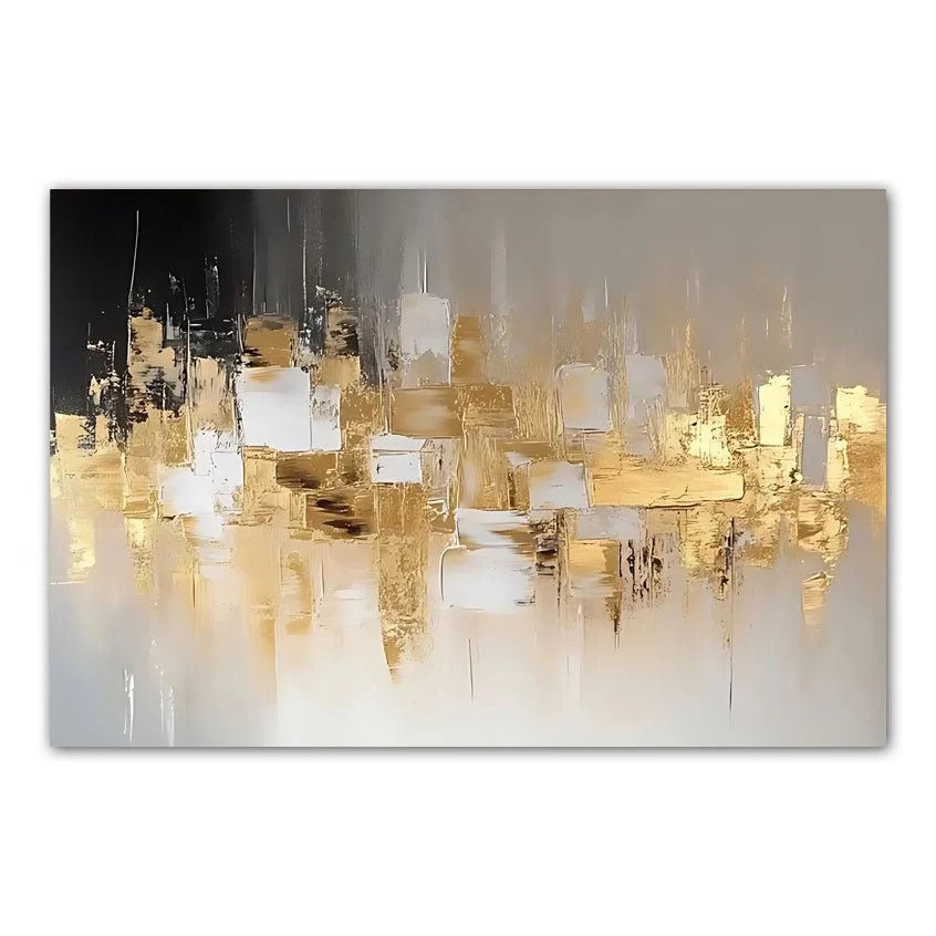 The image is an abstract painting featuring a mix of white and gold colors, creating a visually striking and dynamic composition.