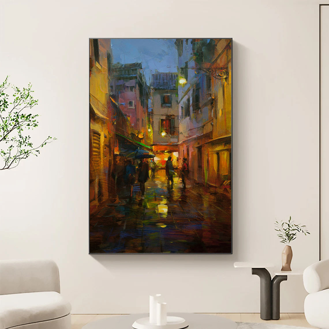 a painting of a city street at night