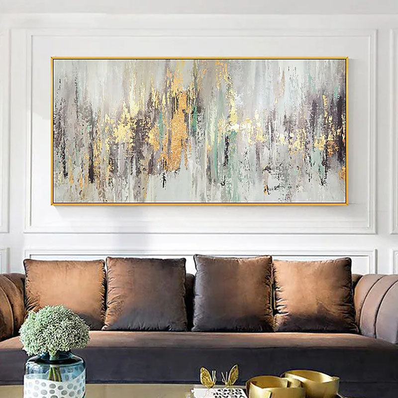 a living room filled with furniture and a large painting on the wall