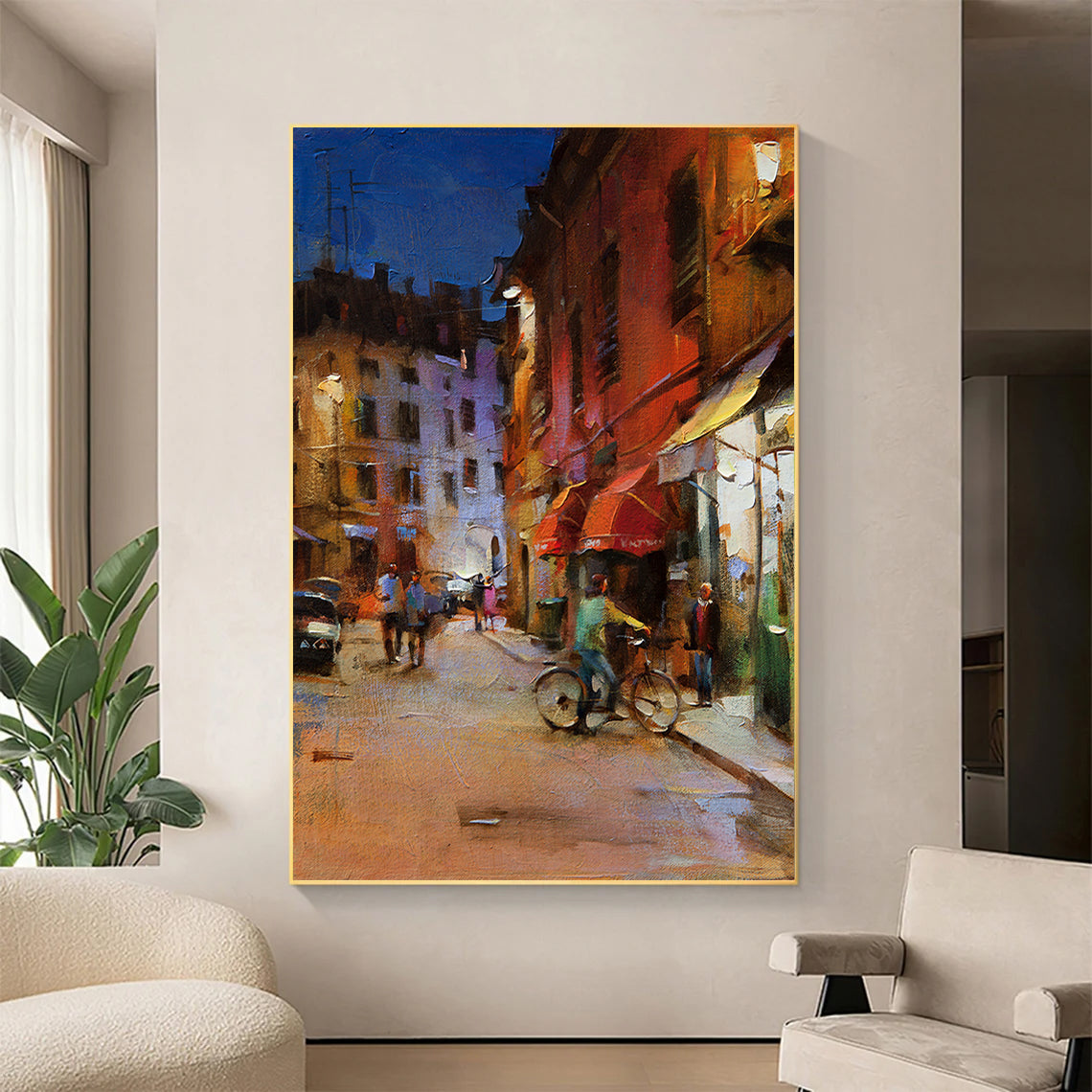 a painting of a city street at night