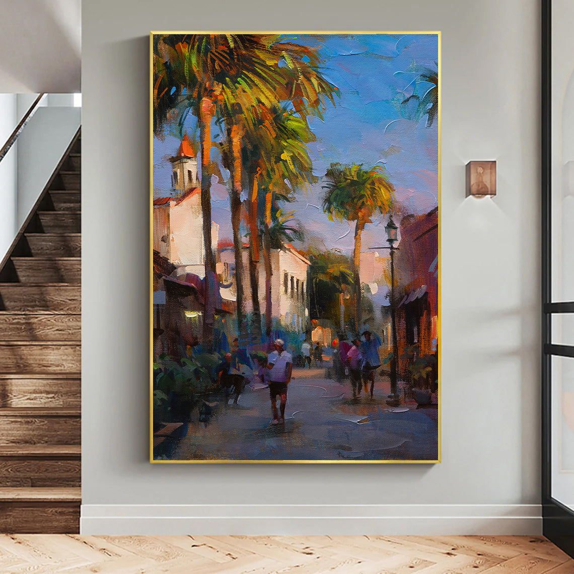 a painting of people walking down a street