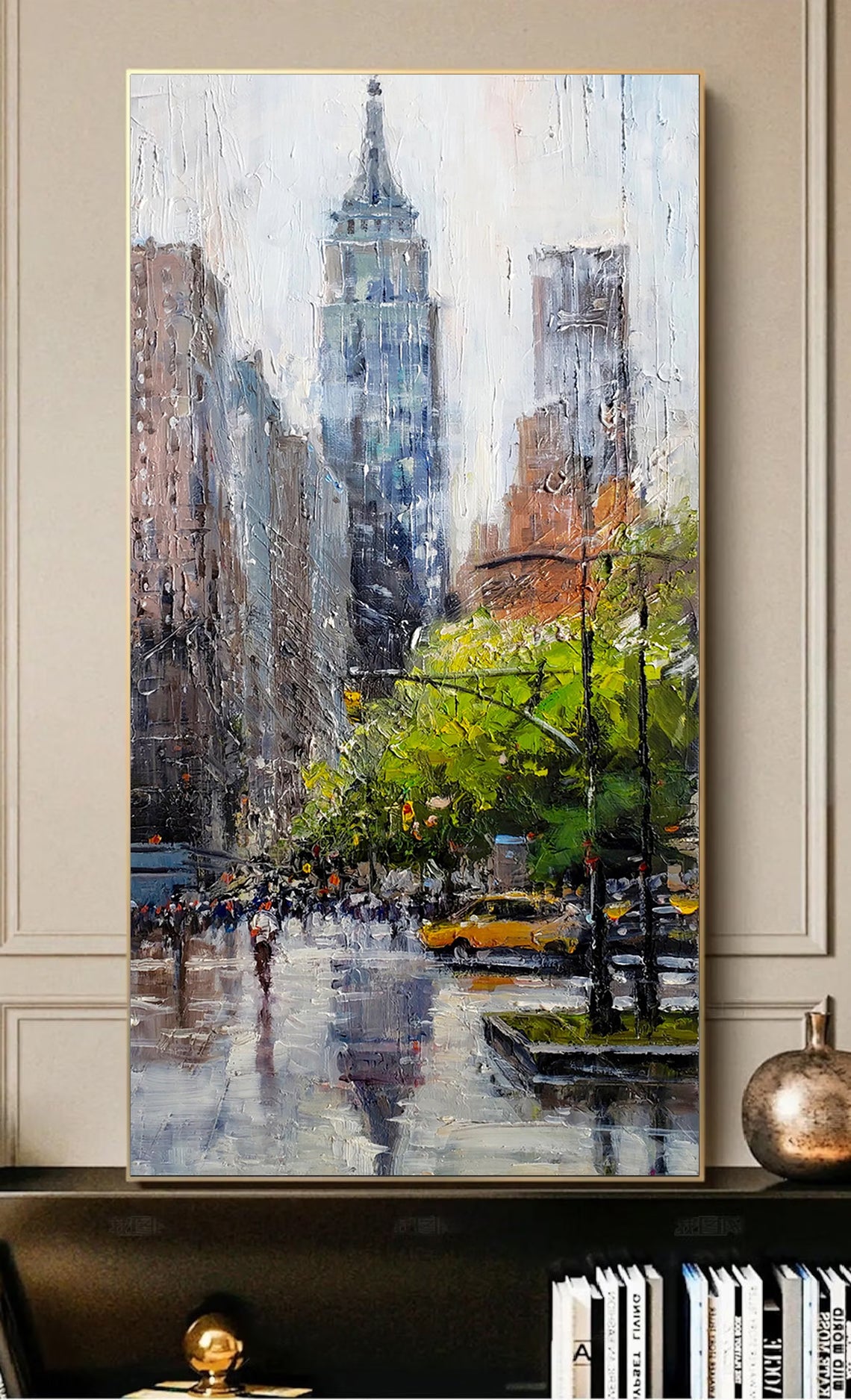 a painting of a city street in the rain