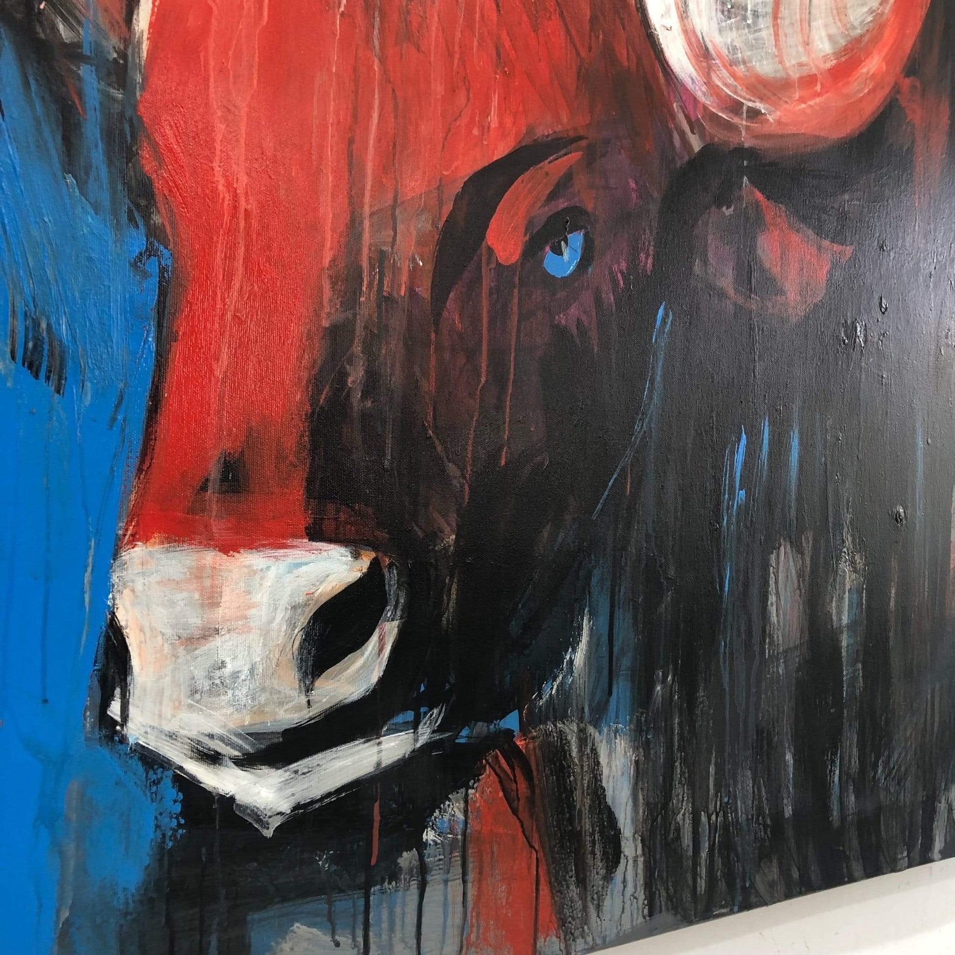 a painting of a cow with blue eyes