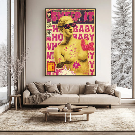 a living room with a couch and a painting on the wall