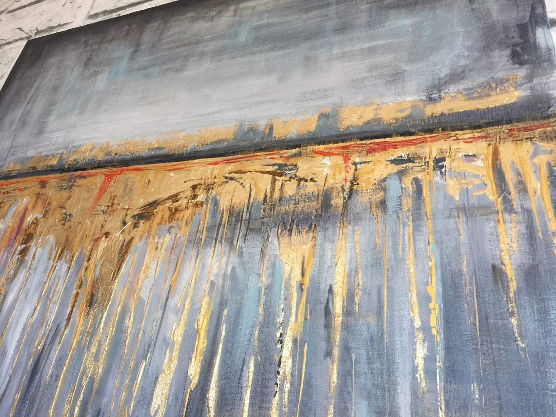 a painting of a blue and yellow painting on a wall