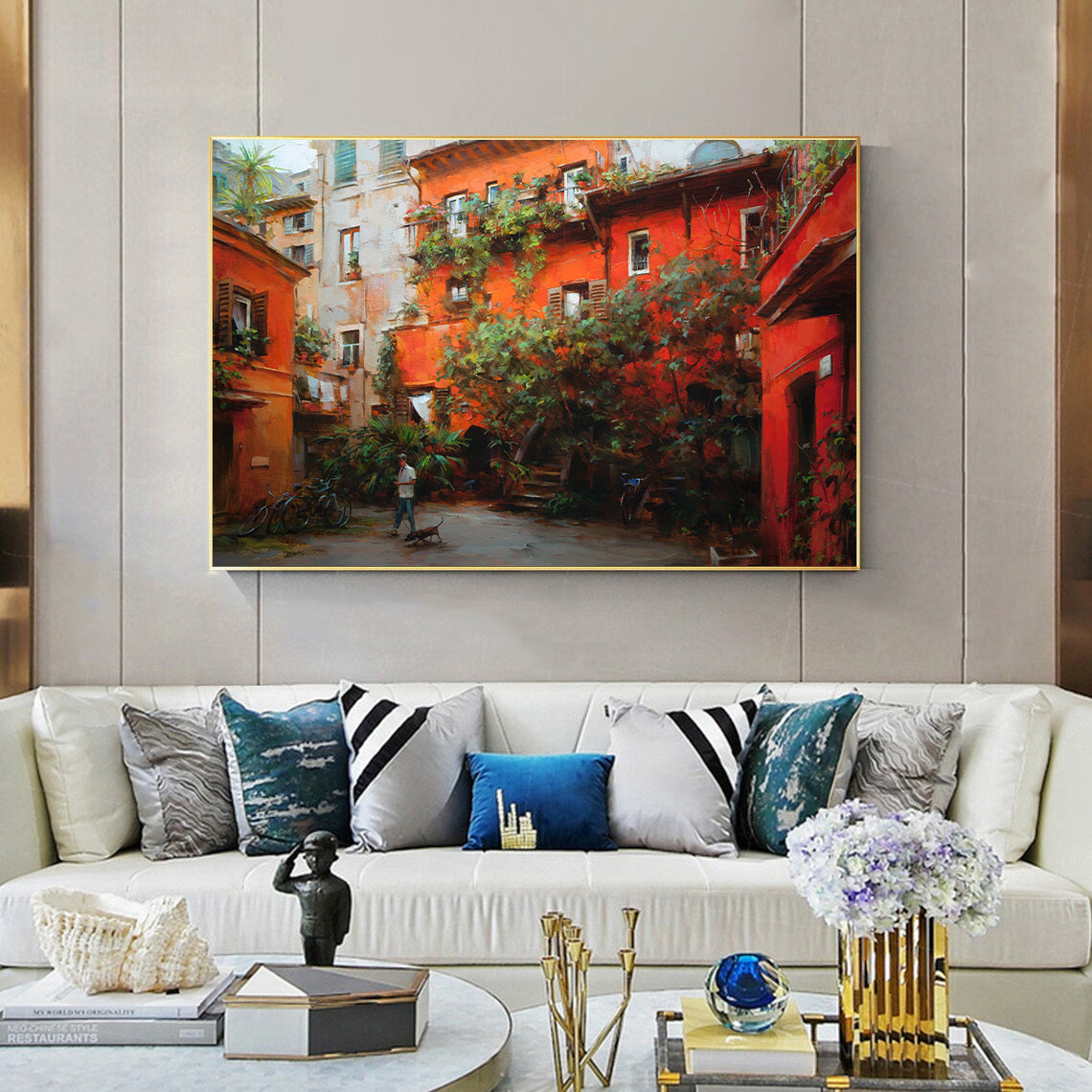 a living room filled with furniture and a painting on the wall