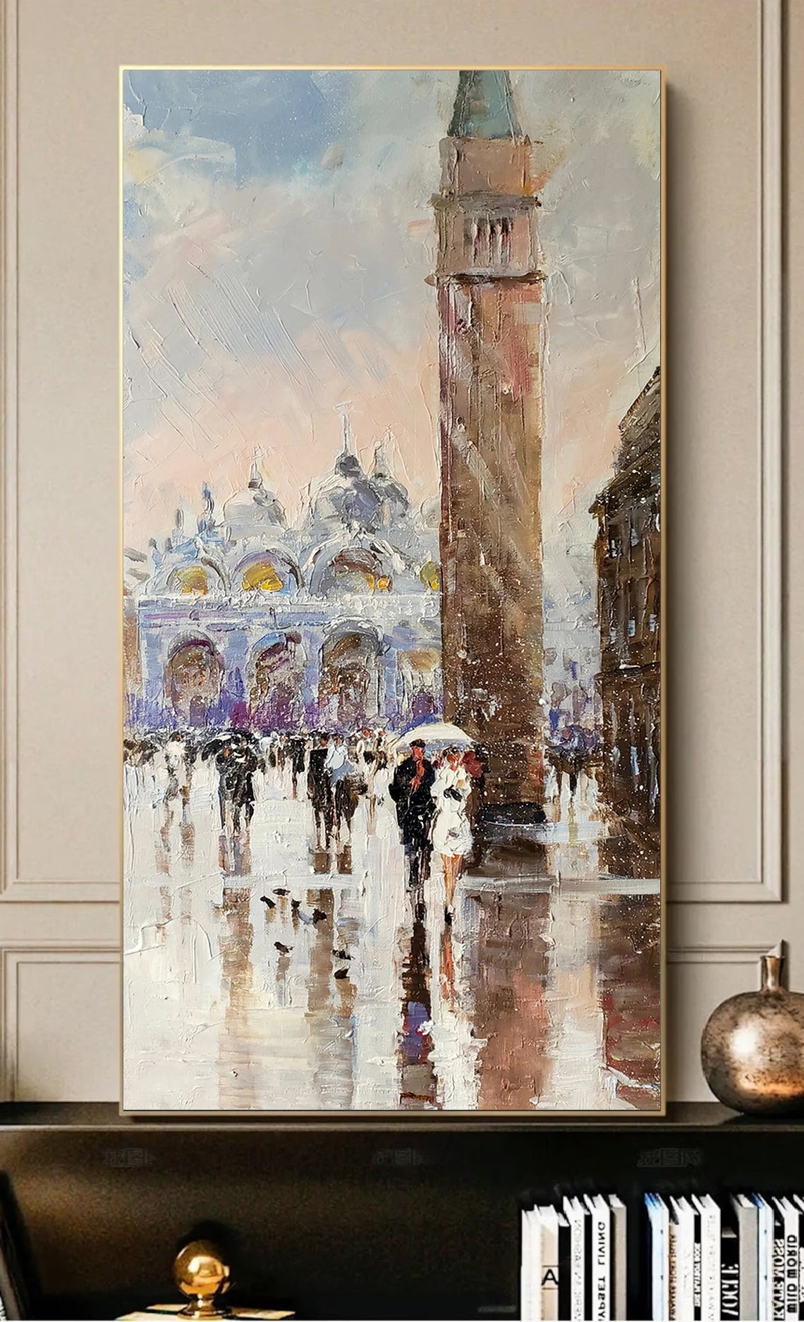 a painting of people walking in the rain