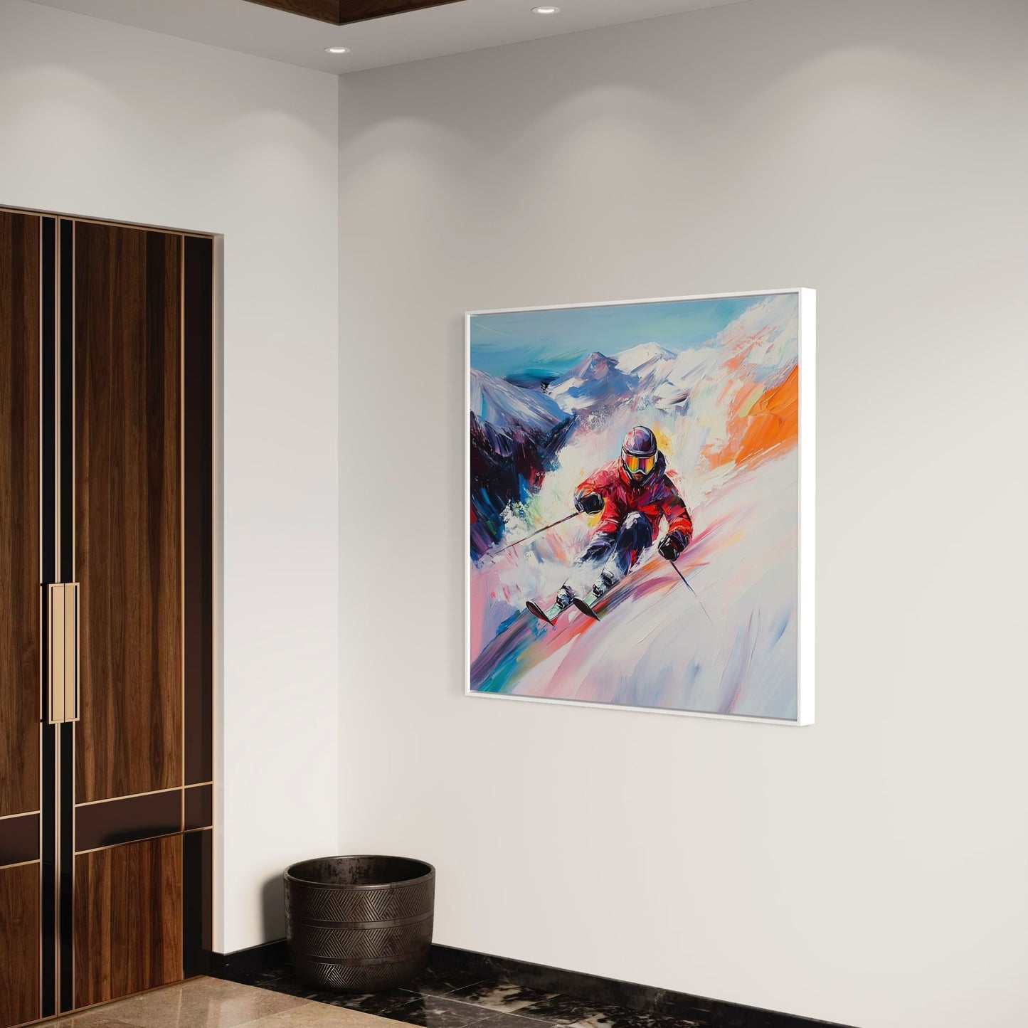 a painting hangs on the wall of a room