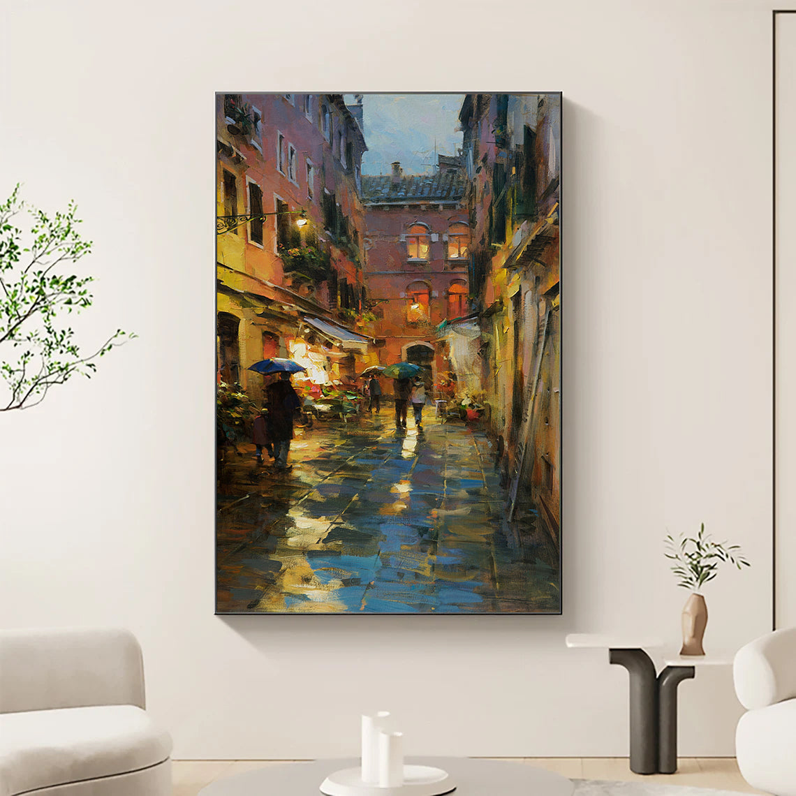 a painting of people walking down a street at night