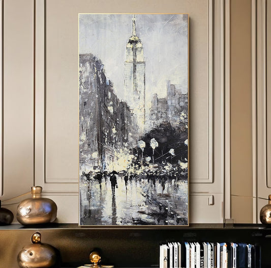 a painting of a city street with a clock tower in the background