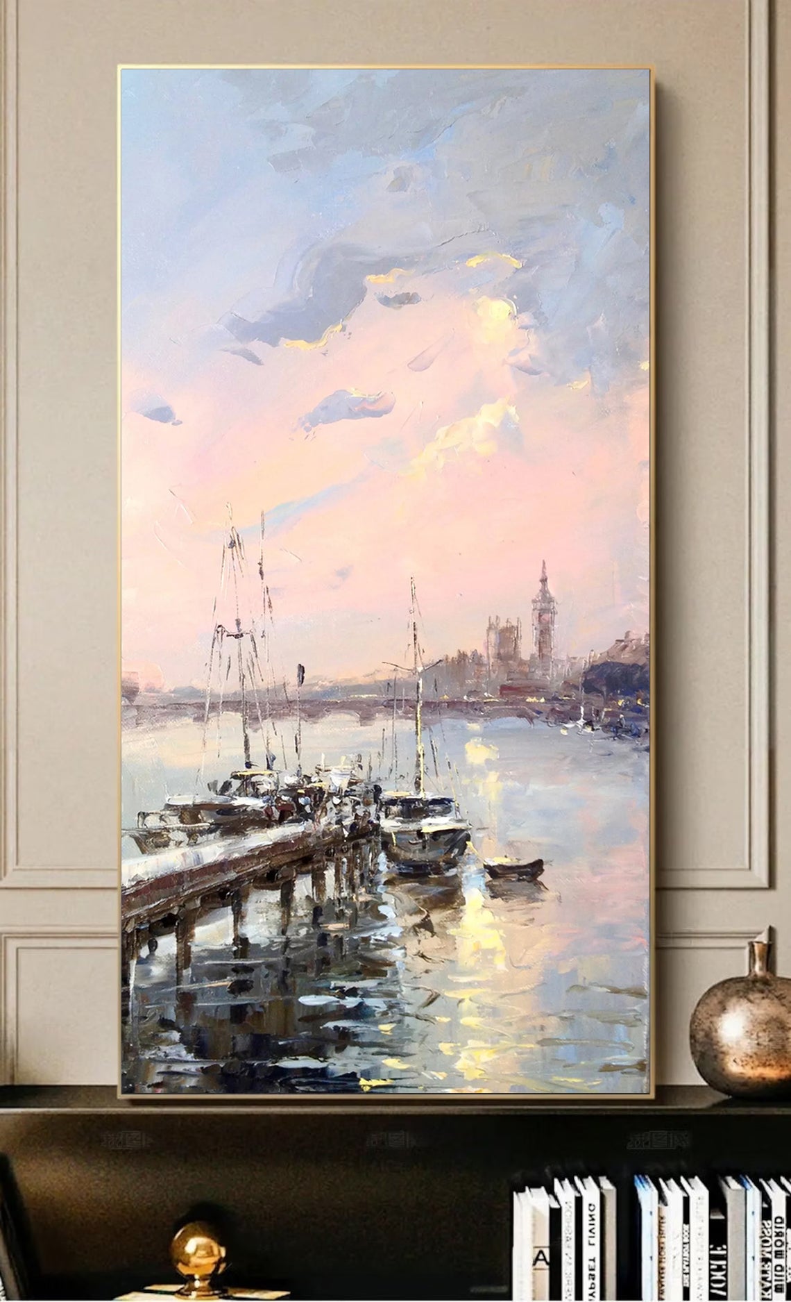 a painting of boats docked in a harbor