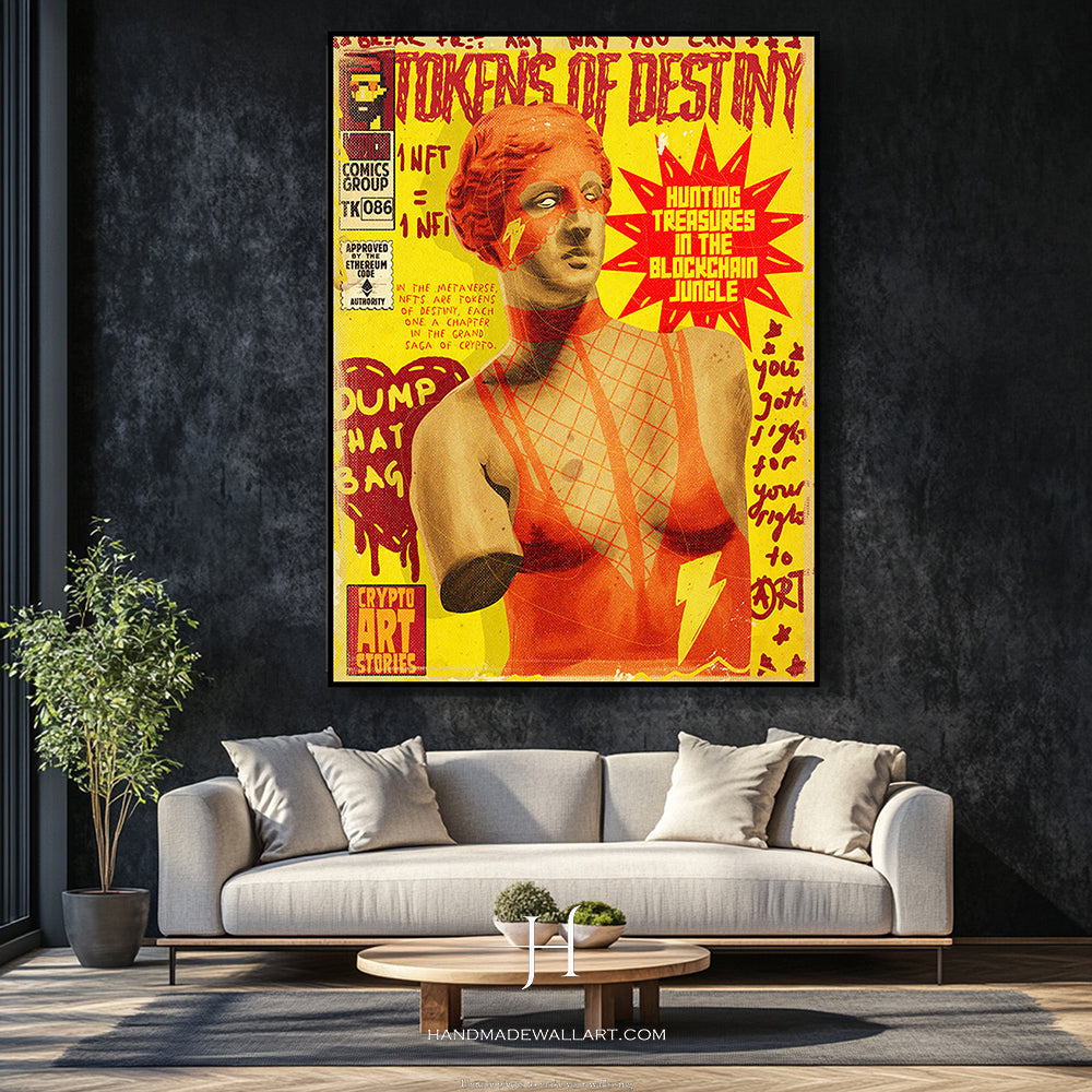 a living room with a couch and a painting on the wall