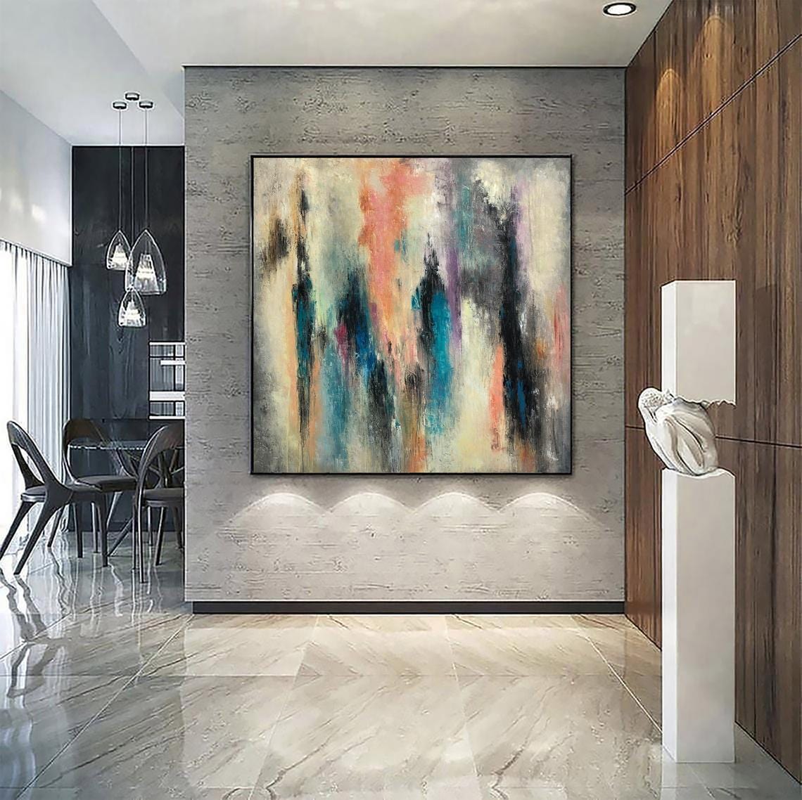 a modern and stylish interior design with a large abstract painting hanging on the wall, a sculpture on a pedestal, and a dining area with chairs and a table visible in the background.