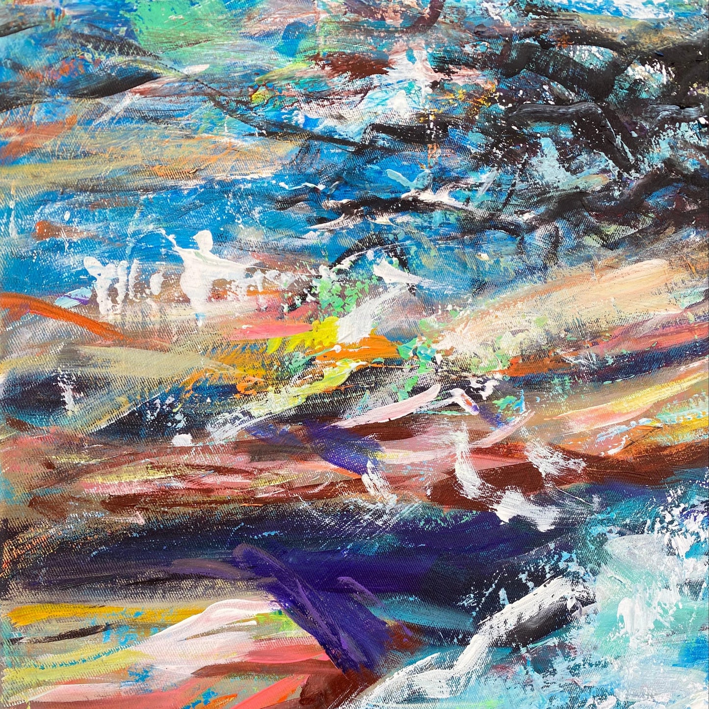 The image is an abstract painting with a vibrant mix of colors and brushstrokes, creating a dynamic and energetic composition.
