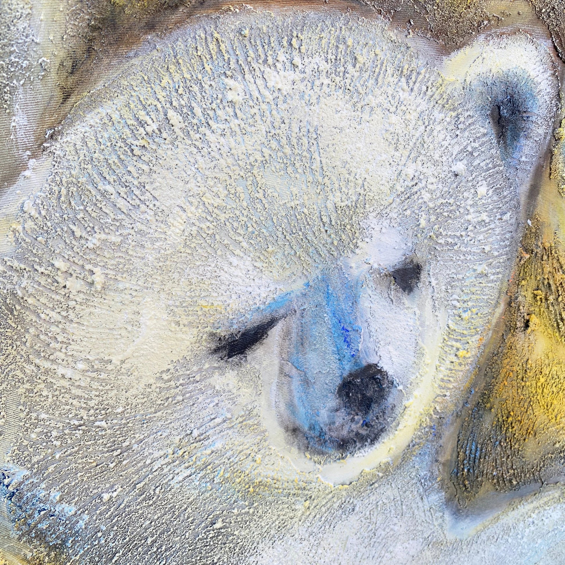 The image is a close-up of a polar bear's face, with its distinctive features such as the large eyes, small nose, and thick fur clearly visible.