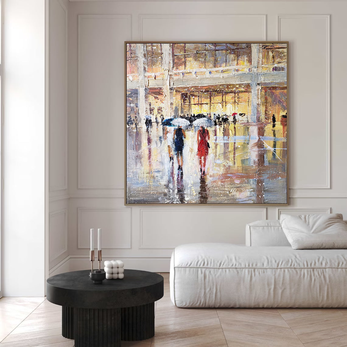 a painting of people walking in the rain holding umbrellas