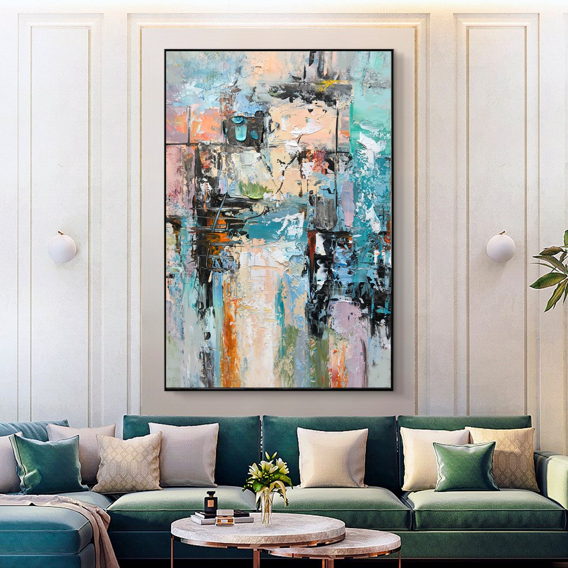 a living room filled with furniture and a painting on the wall