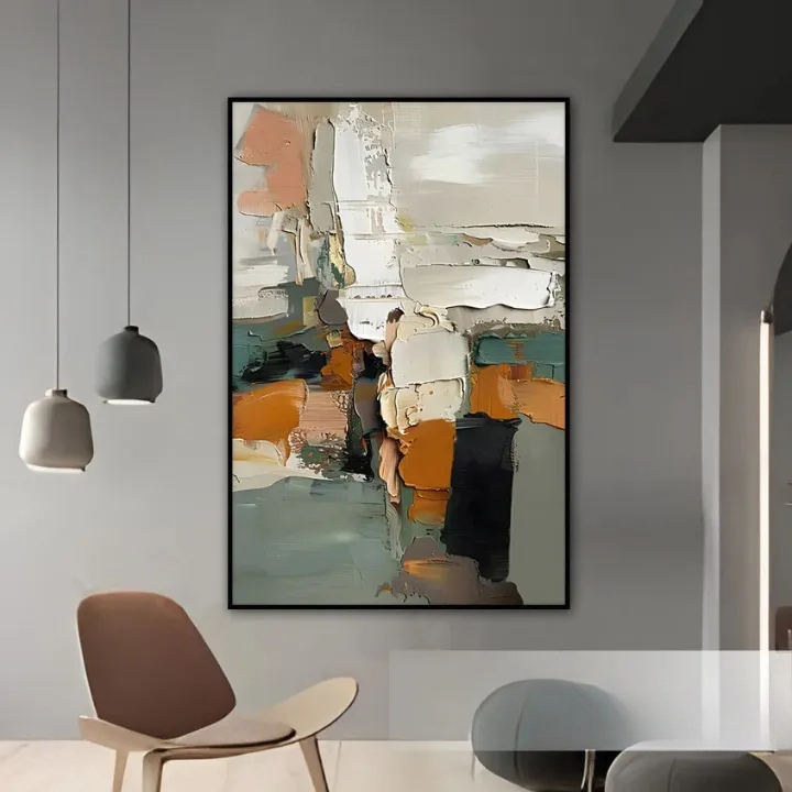 a large abstract painting hanging on a wall in a modern living room setting.