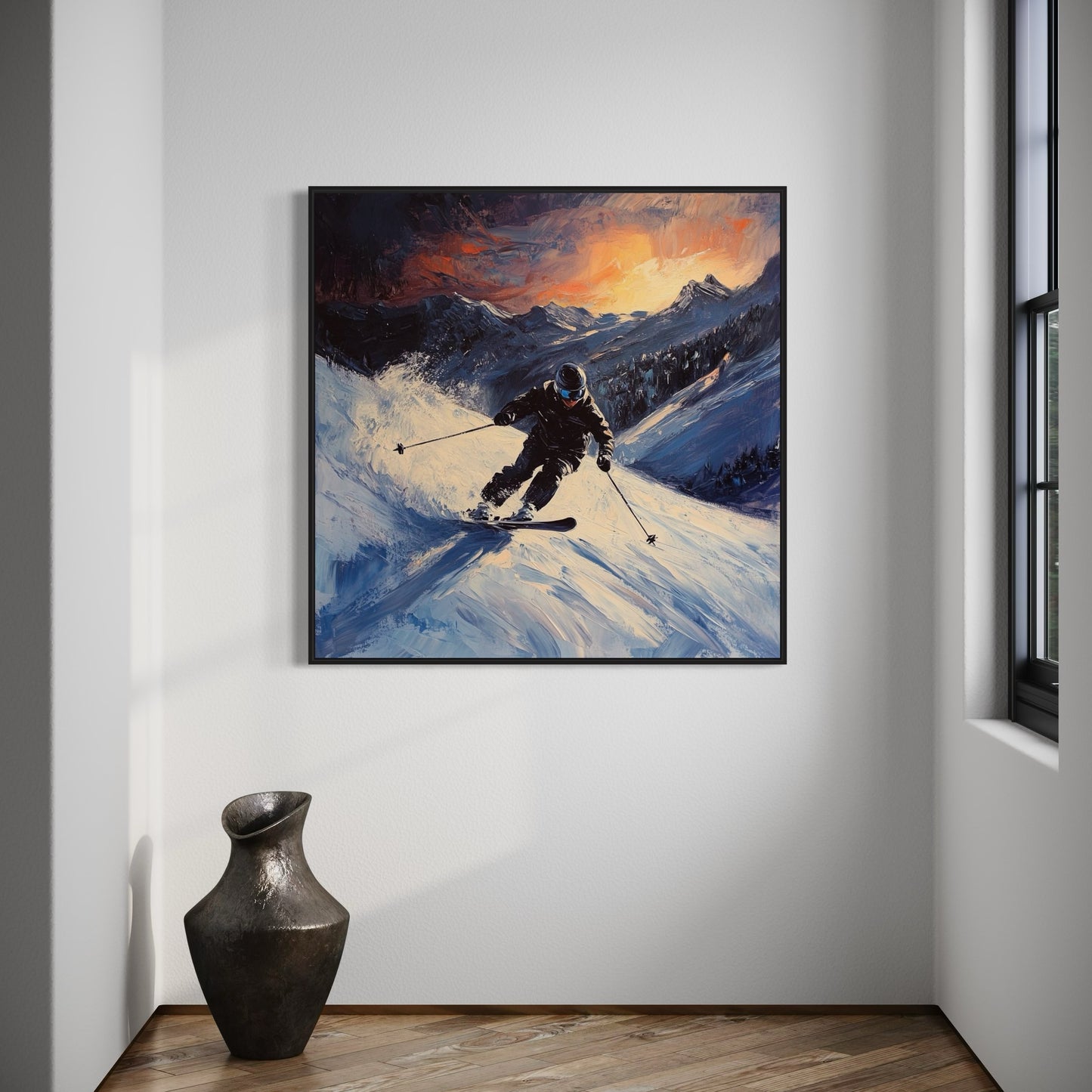 a painting of a skier skiing down a mountain