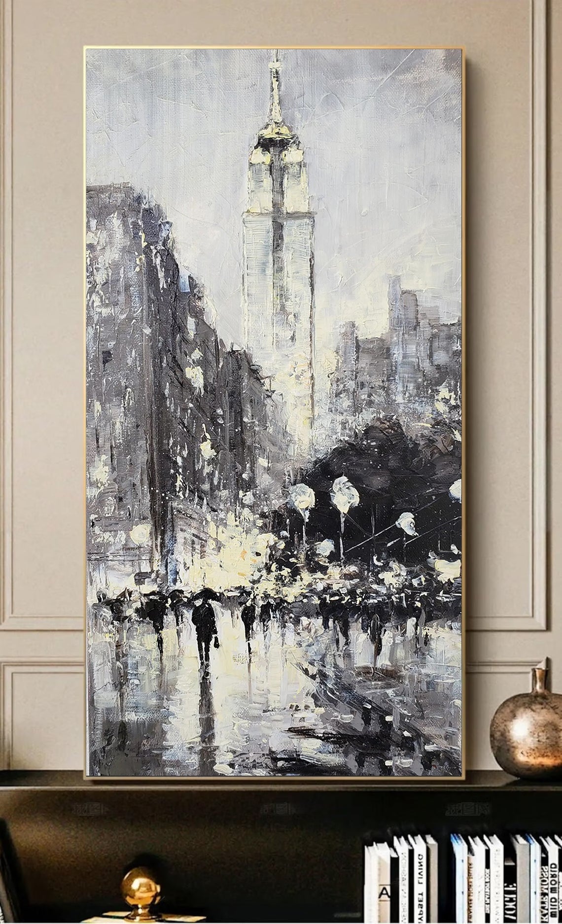 a painting of a cityscape with people walking in the rain