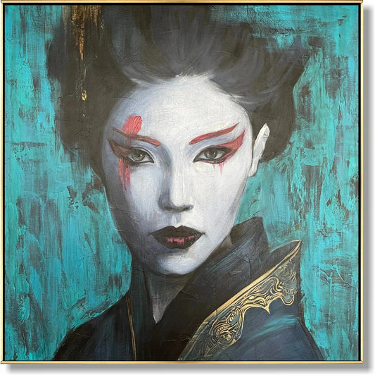 The image is a portrait of a woman with striking features, including a dramatic makeup style and a dark, moody color palette.
