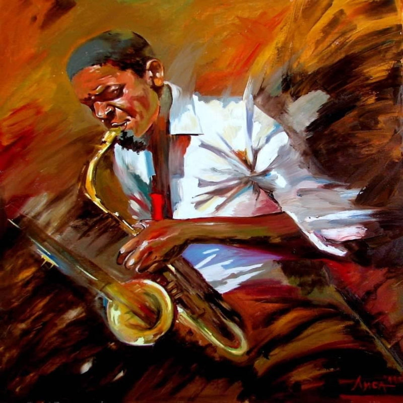 a painting of a man playing a saxophone