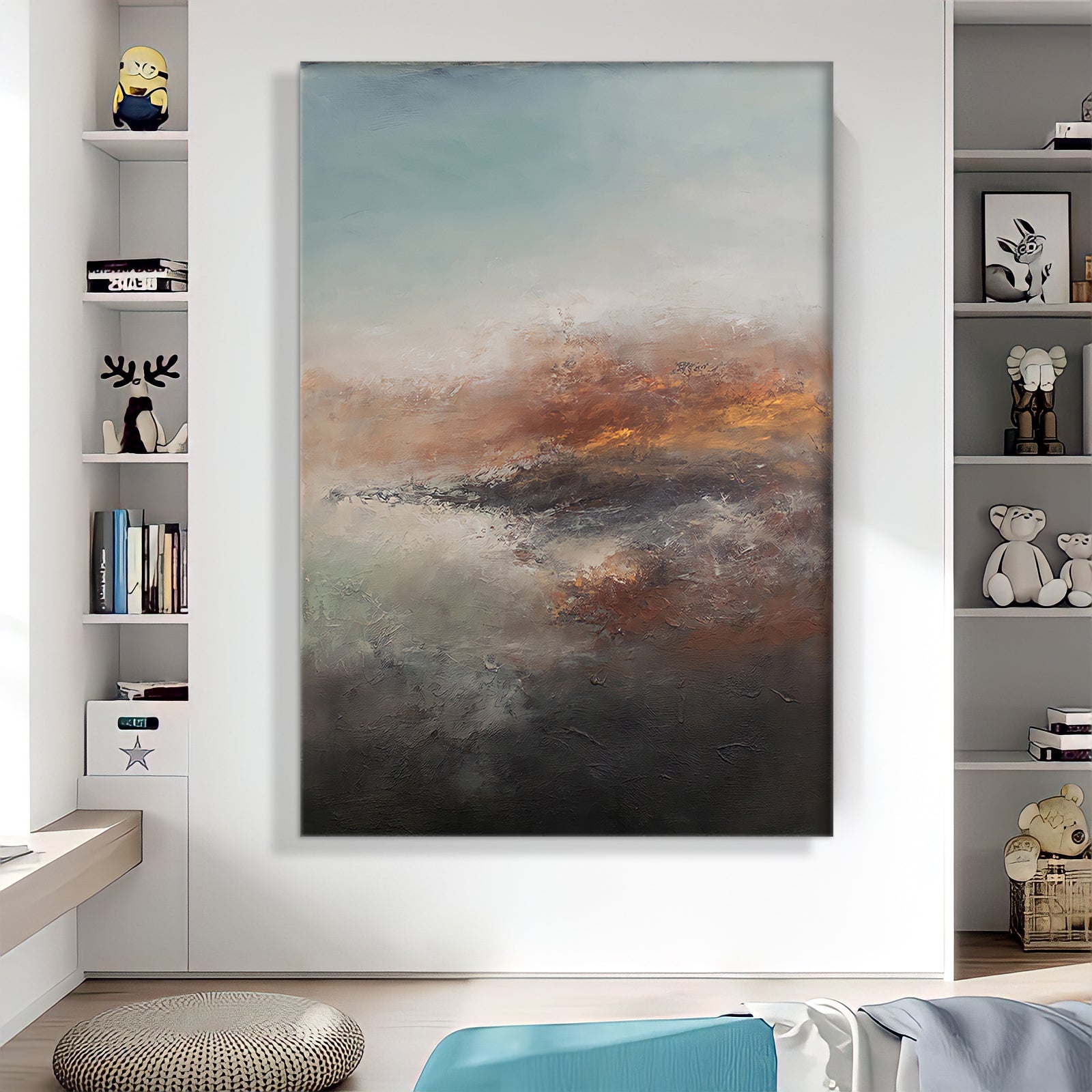 a painting hanging on a wall in a living room