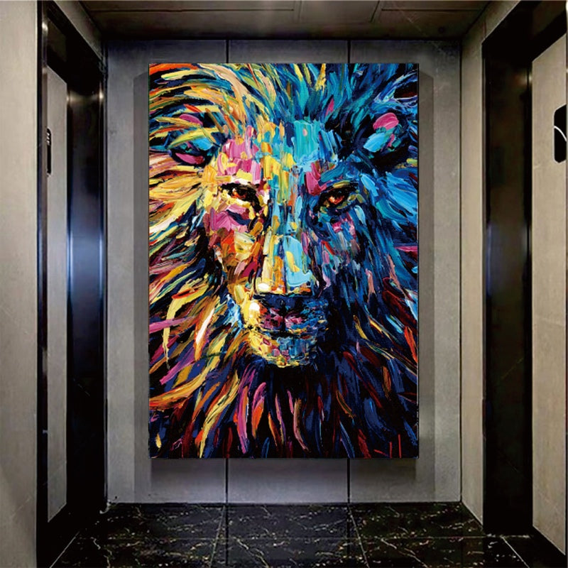 a painting of a lion on a wall