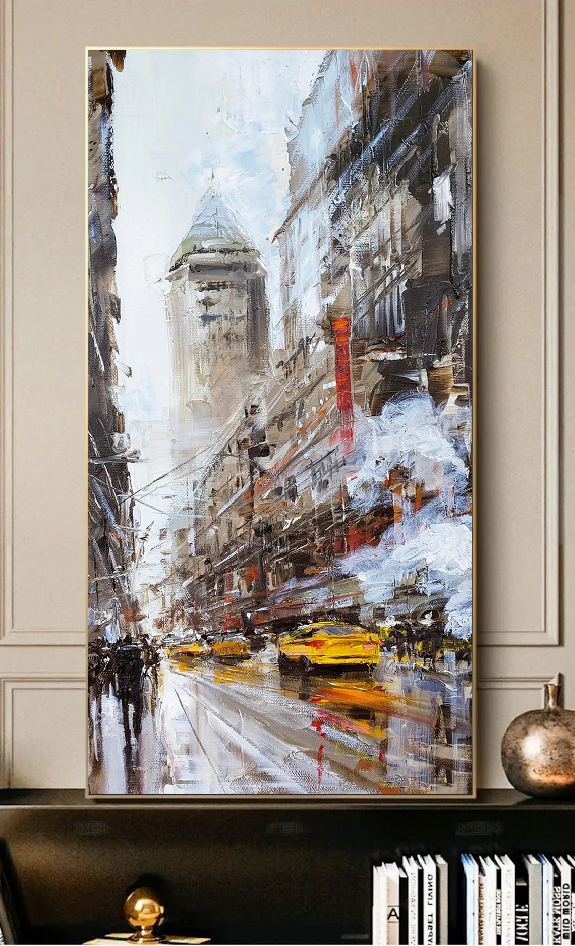 a painting of a city street in the rain