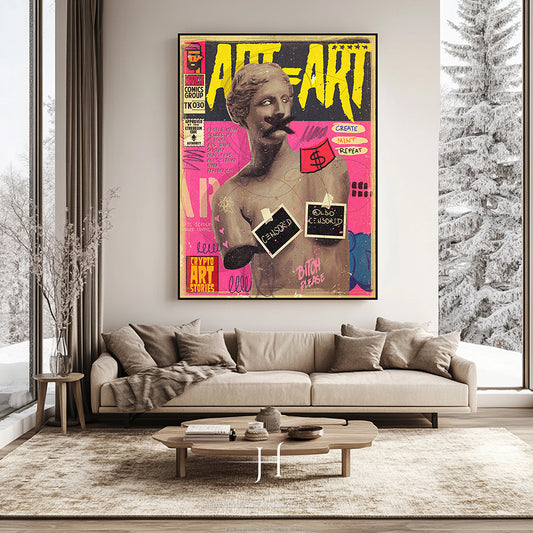 a living room with a couch and a painting on the wall