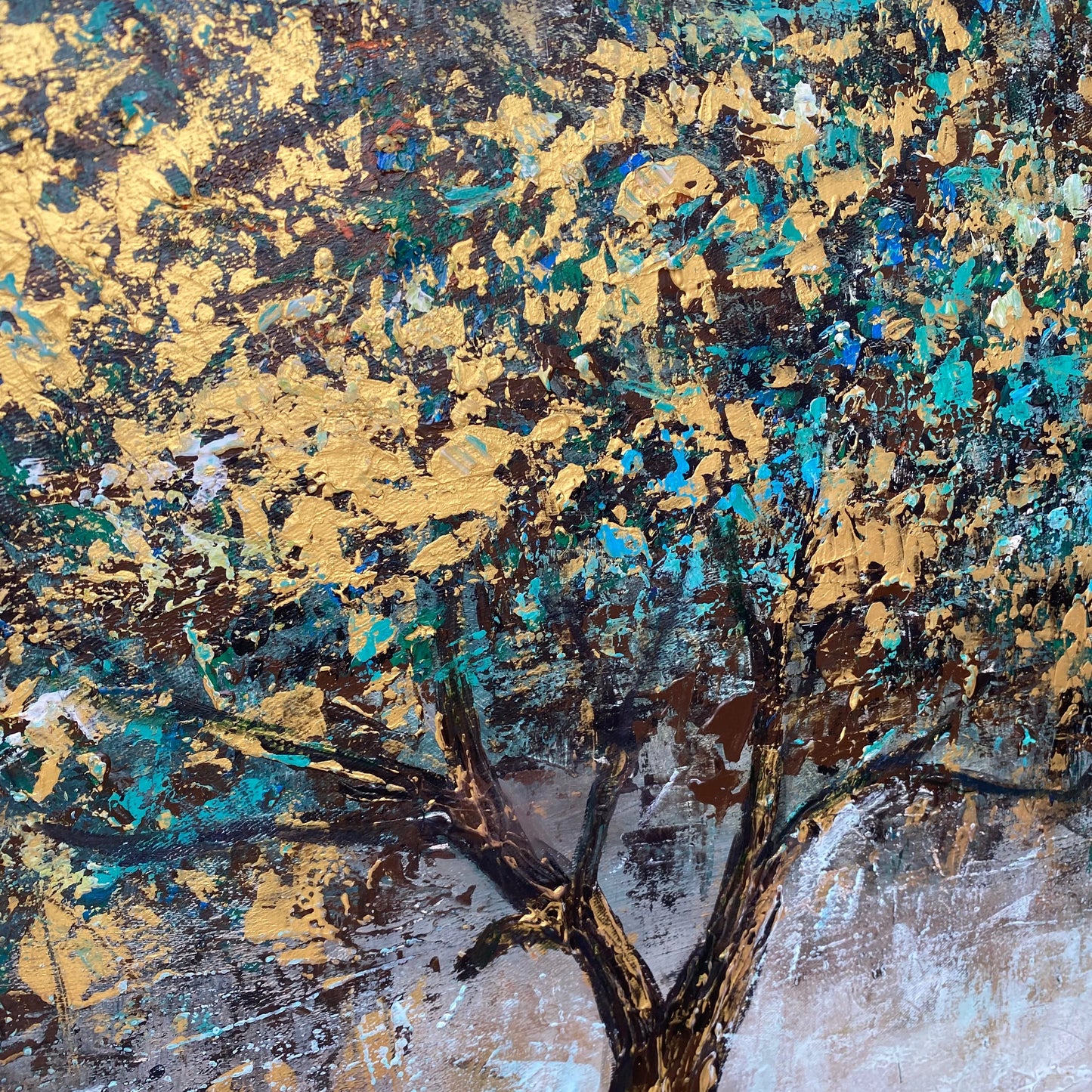 The image is a painting of a tree with a textured background featuring a mix of blue, green, and gold colors.
