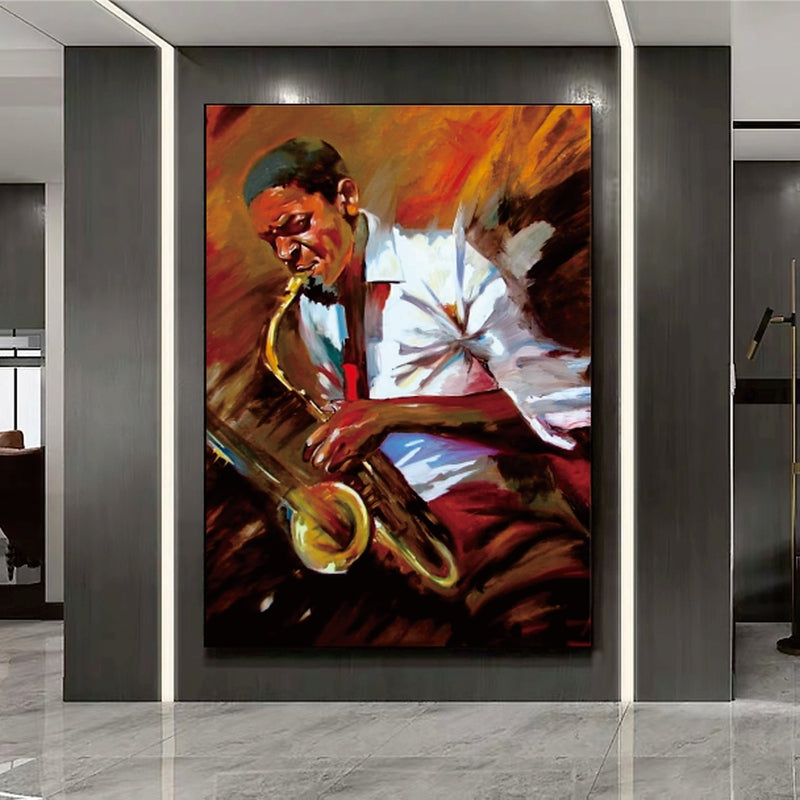 a painting of a man playing a saxophone