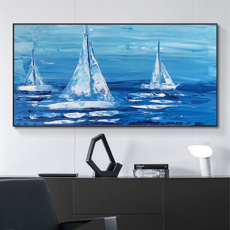 a painting of sailboats in a blue ocean