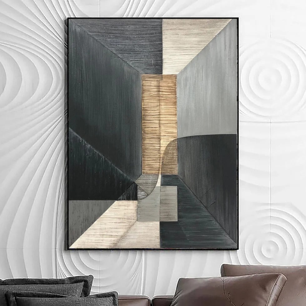 a large abstract painting hanging on a wall, with a modern and minimalist design.