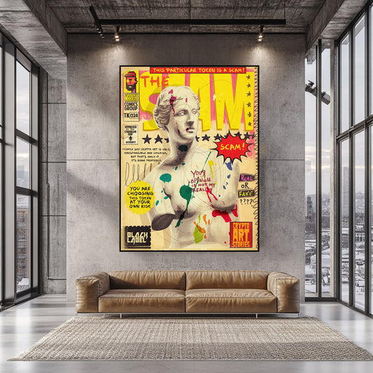 a living room with a couch and a large poster on the wall
