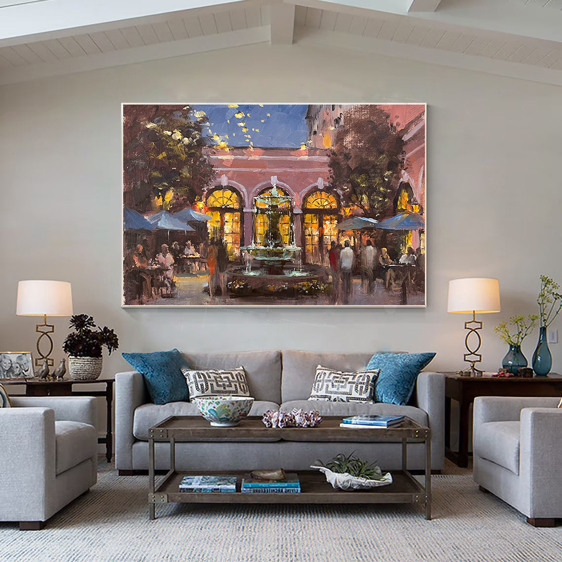 a living room filled with furniture and a painting on the wall