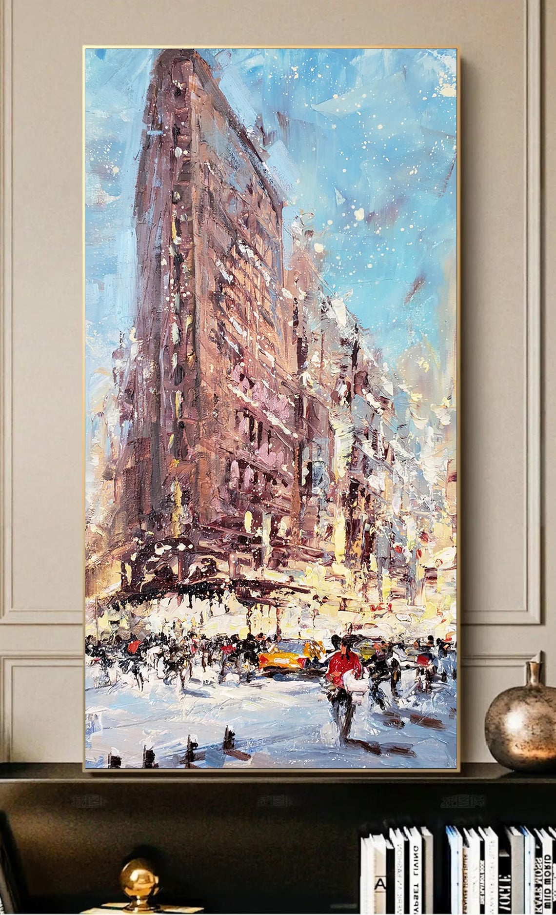 a painting of a cityscape with people crossing the street