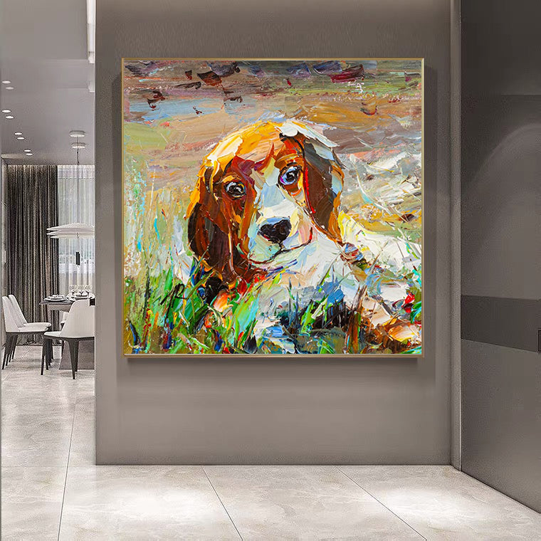 a painting of a dog in a room