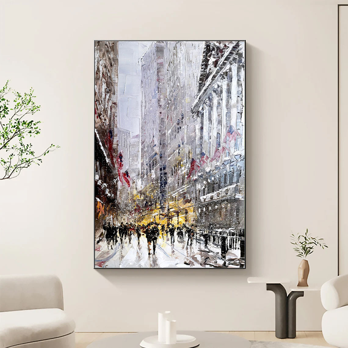 a painting of a city street in the rain