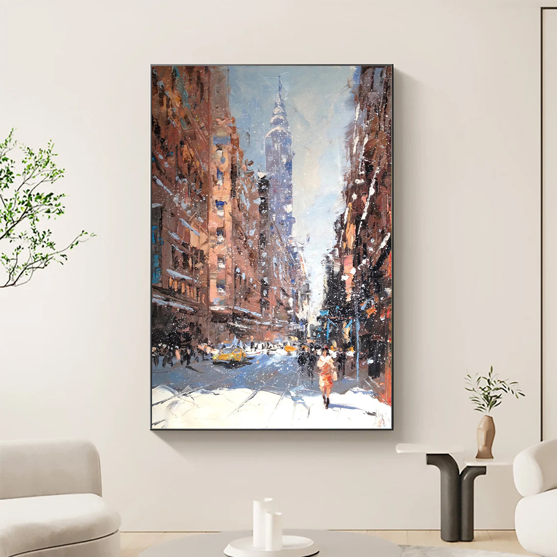 a painting of a city street in winter