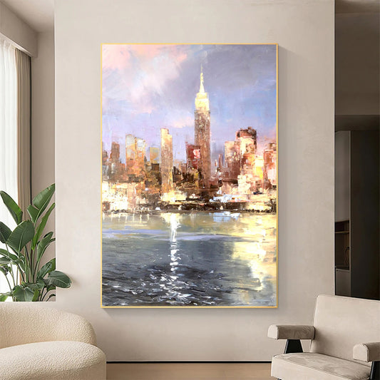 a painting of a cityscape in a living room