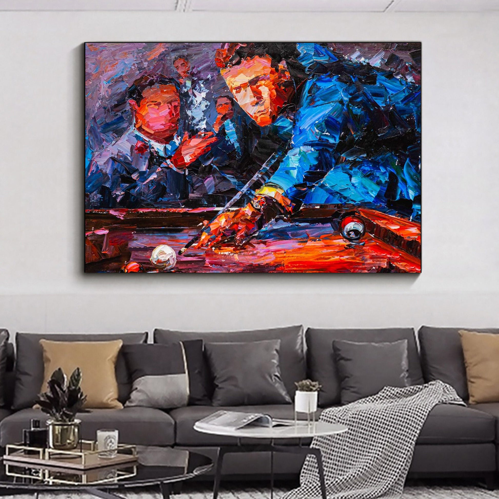 a painting of a man playing a game of pool