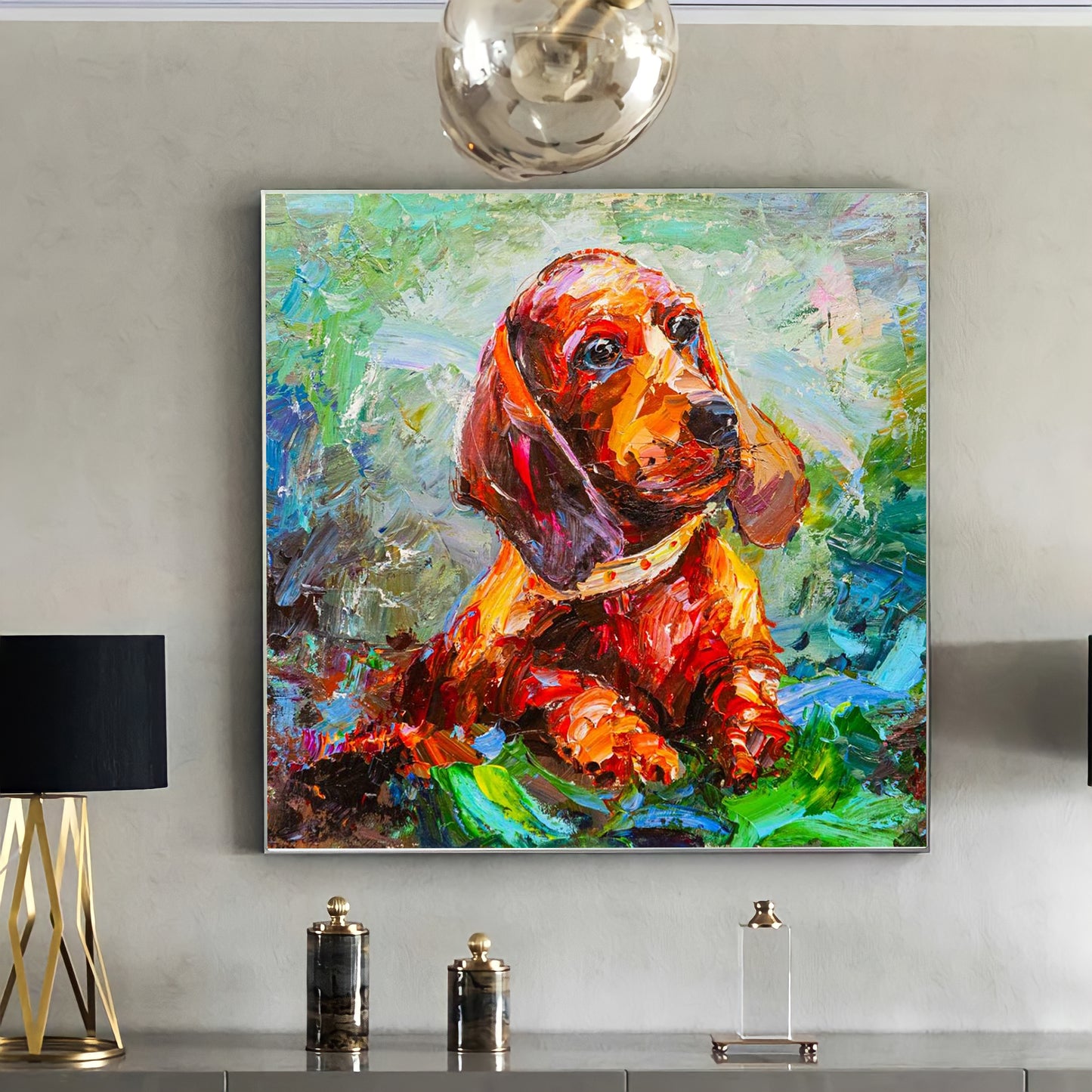 a painting of a dog on a wall