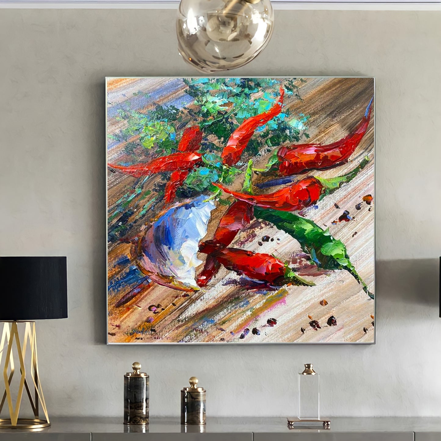 a painting hanging on the wall of a living room