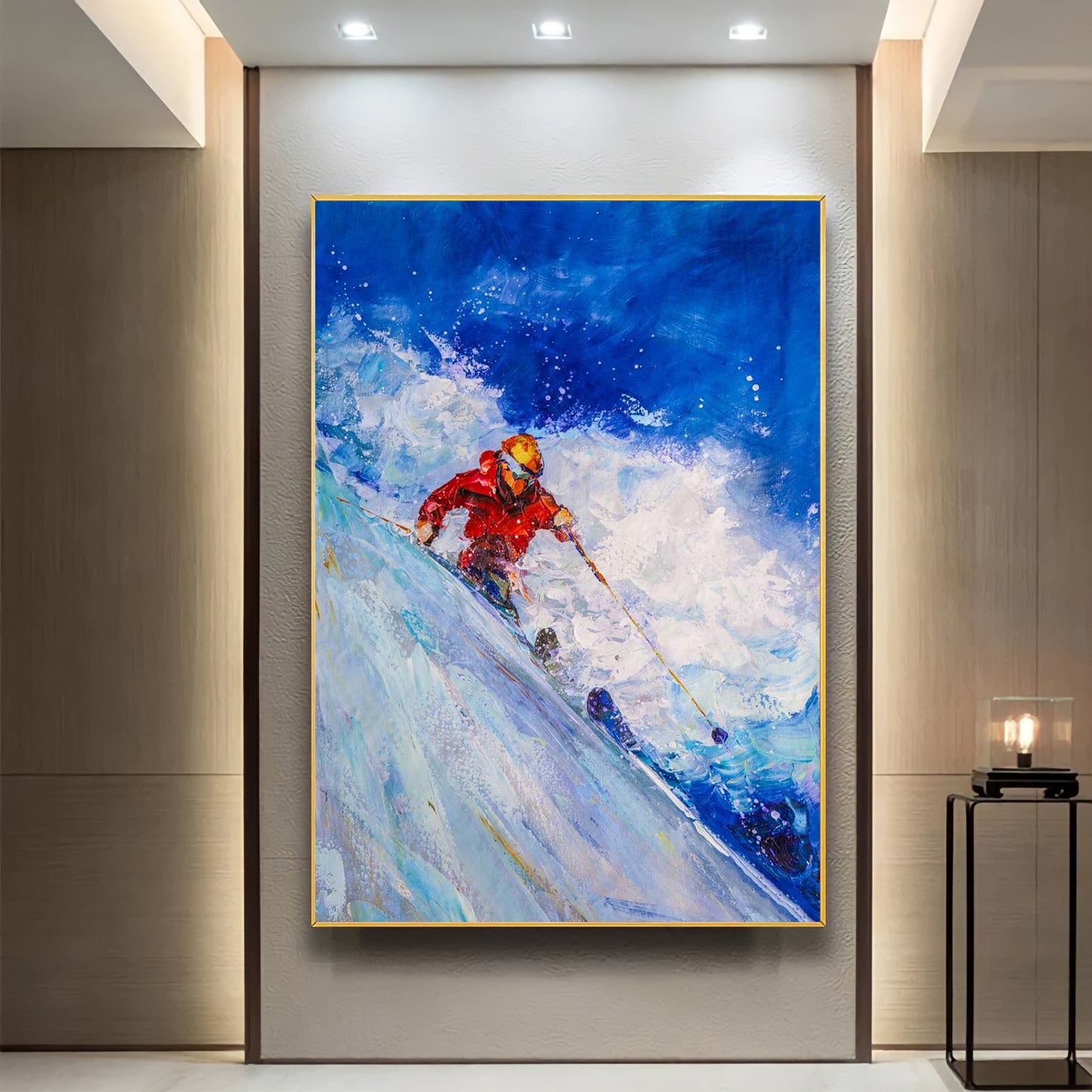 a painting of a person skiing down a mountain